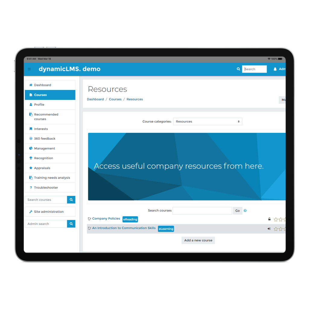 The best LMS platform in the UK, resources feature shown on iPad