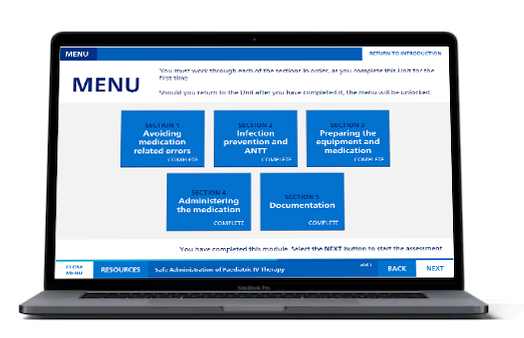 Paediatric IV therapy elearning mdule shown on laptop