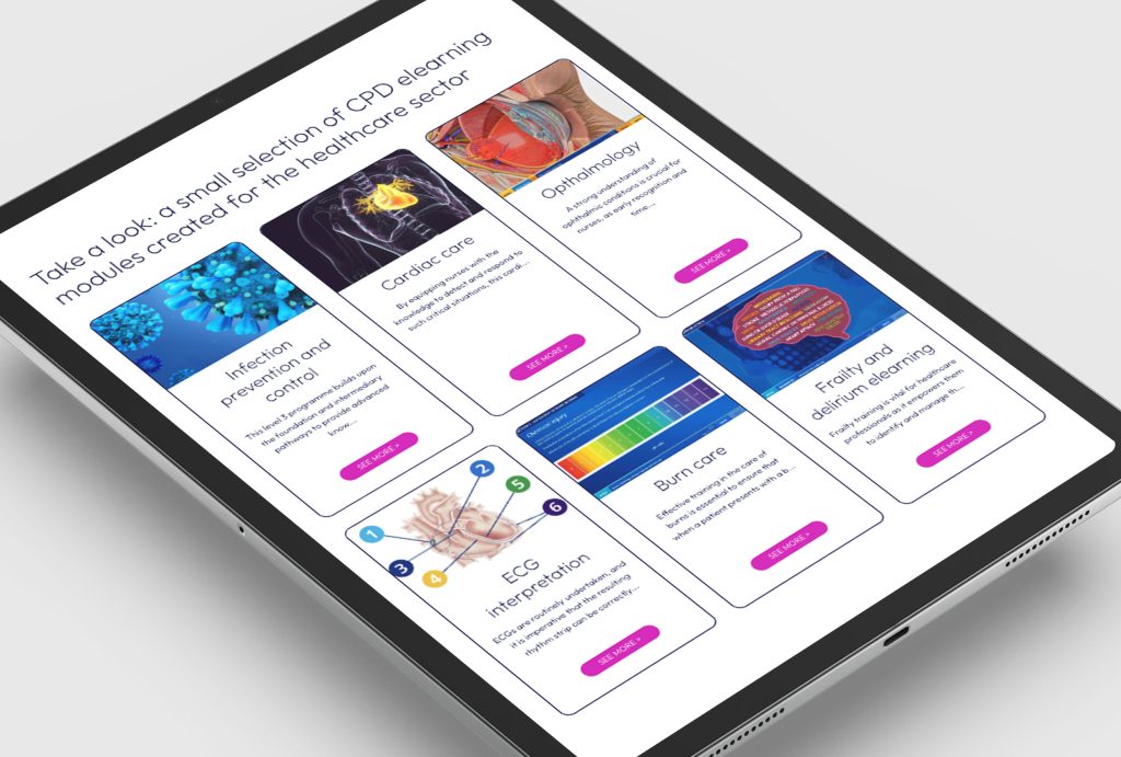 iPad screen showing a selection of CPD elearning courses for the NHS