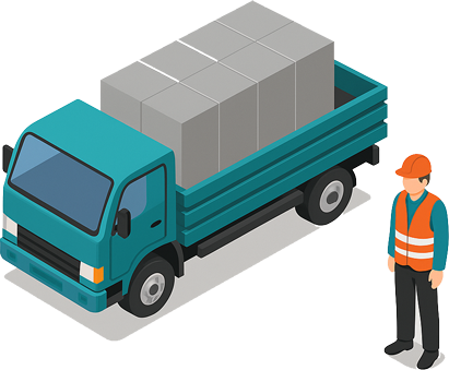 Cory-health-&-safety-elearning-cut Graphic of man in hi-viz vest standing by a truck
